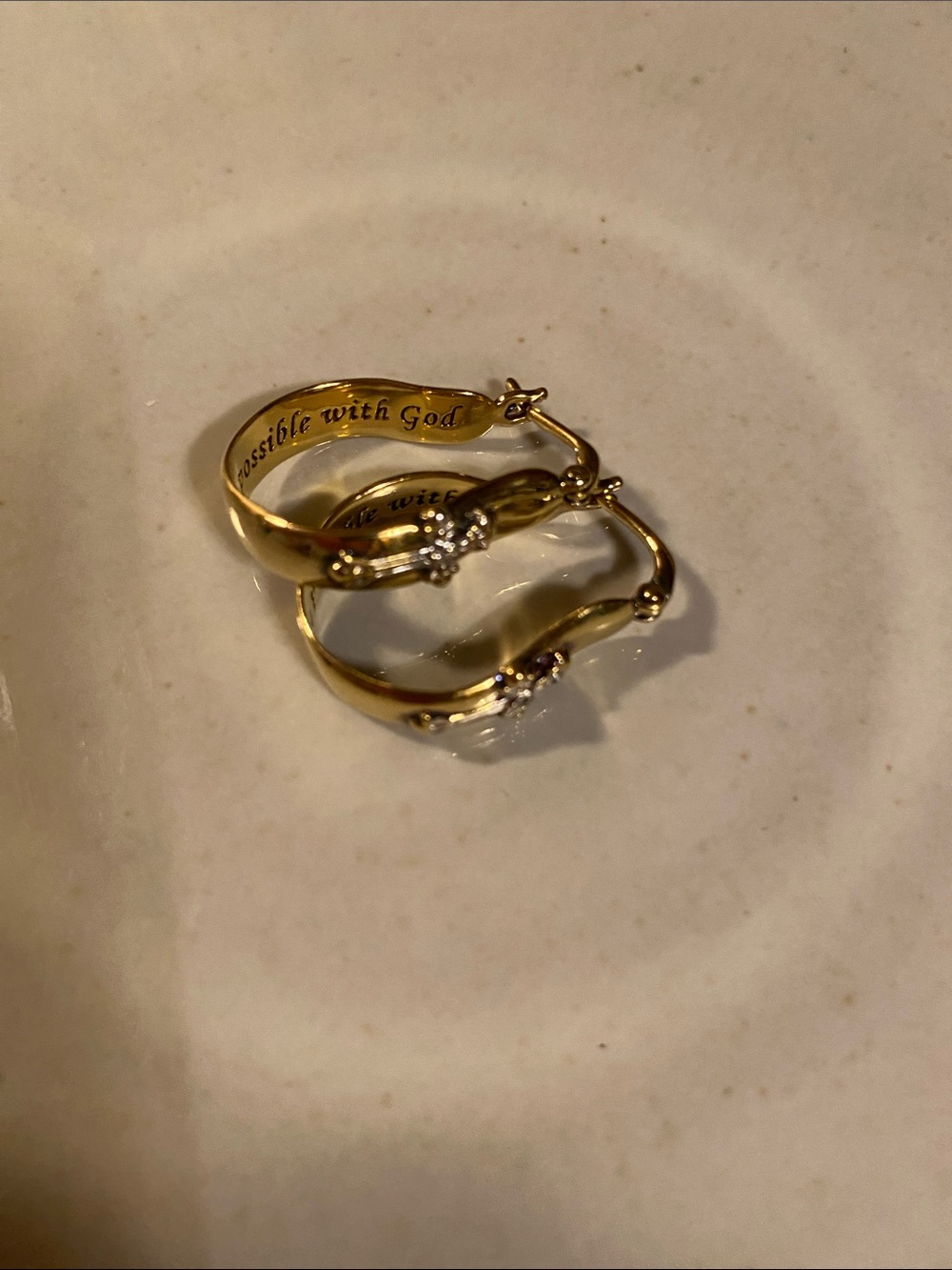Gold plate Believe Hoop Earrings with Raised Cross design & Diamond Accents